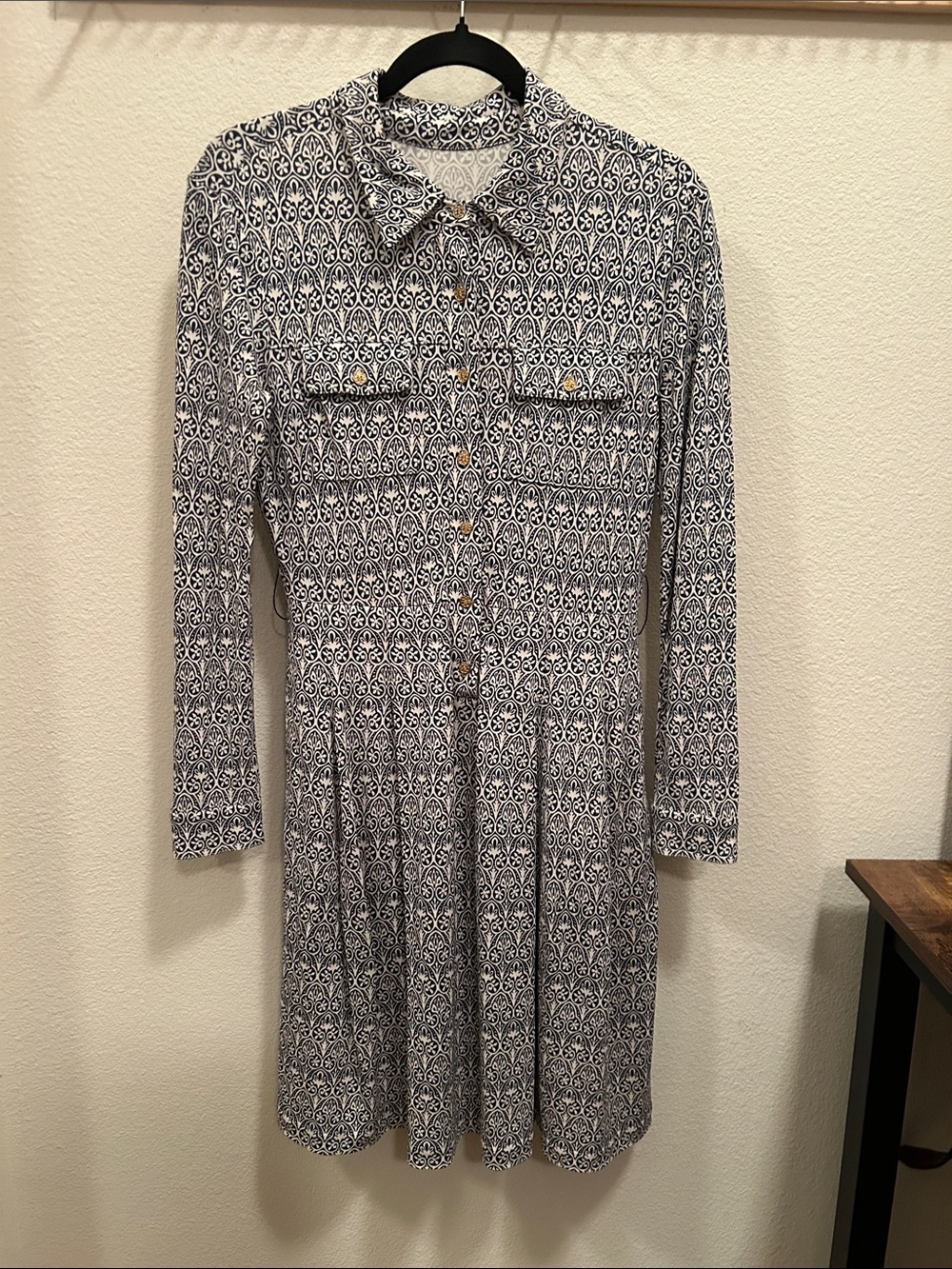 Long Sleeve Button-Front Printed Shirt Dress in Navy and WhiteTory Burch